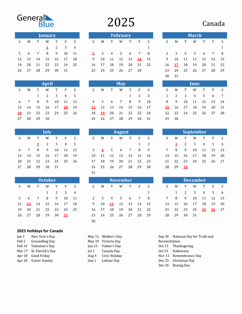 2025 Canada Calendar With Holidays For 2025 Calendar Canada Printable