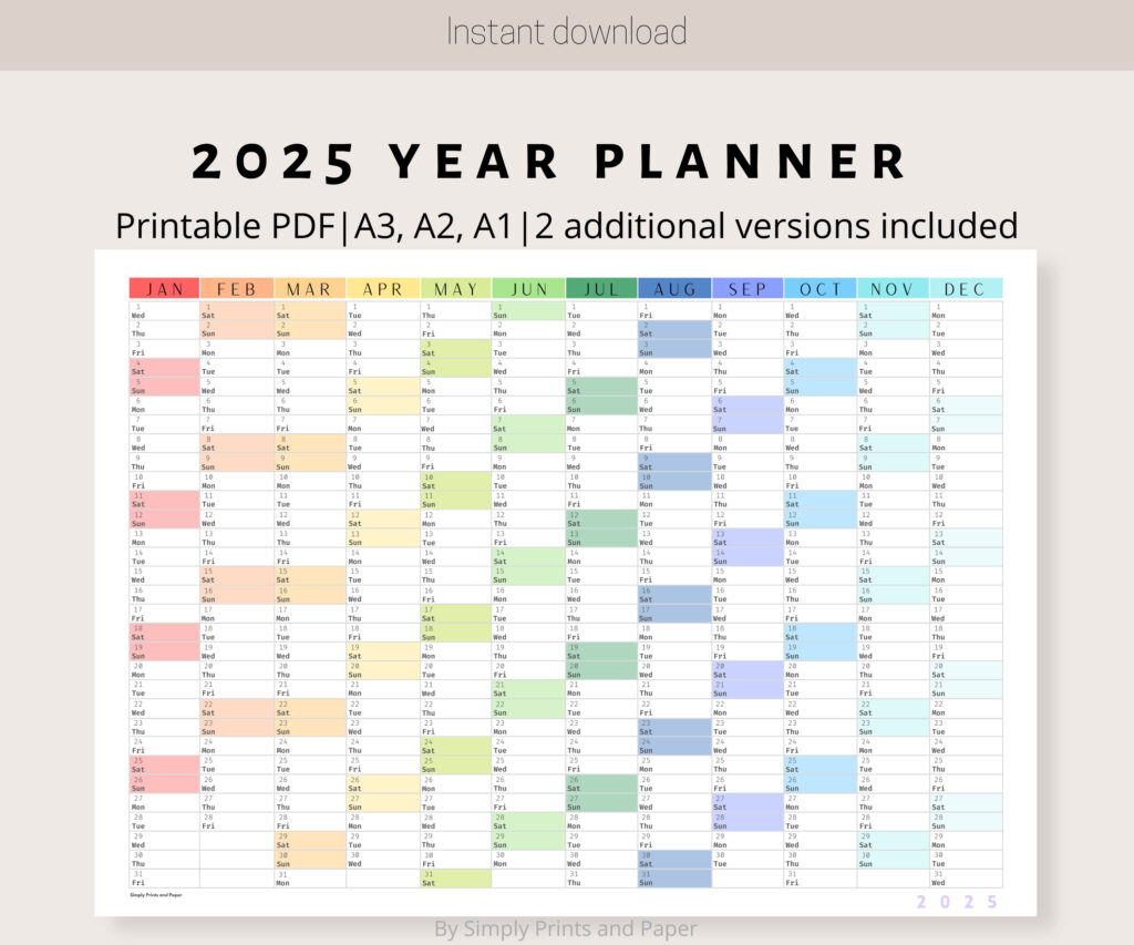 2025 Colorful Wall Calendar Printable Yearly Planner Large Wall Within 2025 Printable Wall Calendar