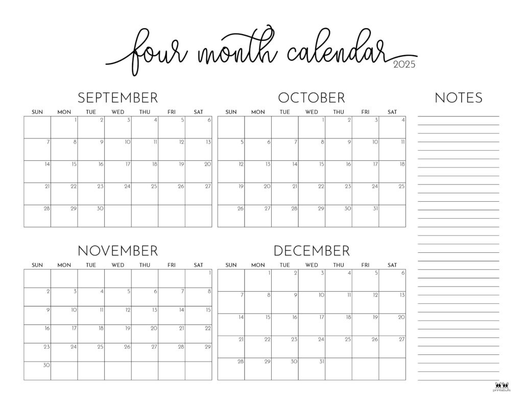 2025 Four Month Calendars - 31 Free Printables | Printabulls in 4 Month Calendar Printable 2025