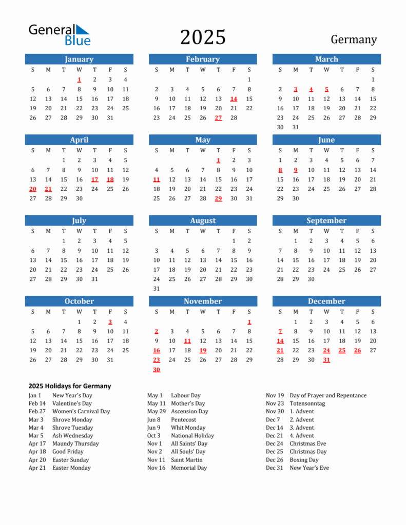 2025 Germany Calendar With Holidays Throughout 2025 Calendar With All Holidays Printable