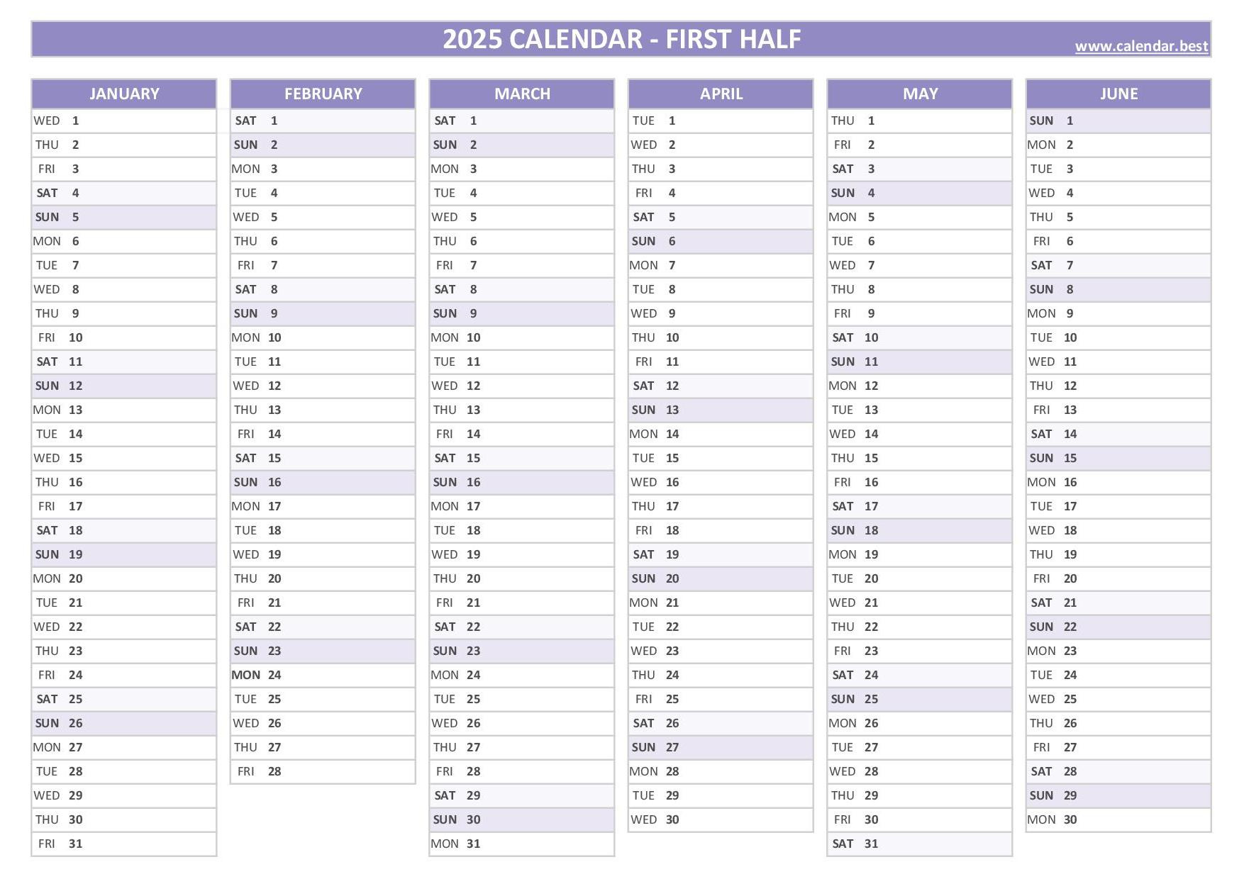 2025 Half Year Calendar To Print in 6 Month Calendar 2025 Printable Free