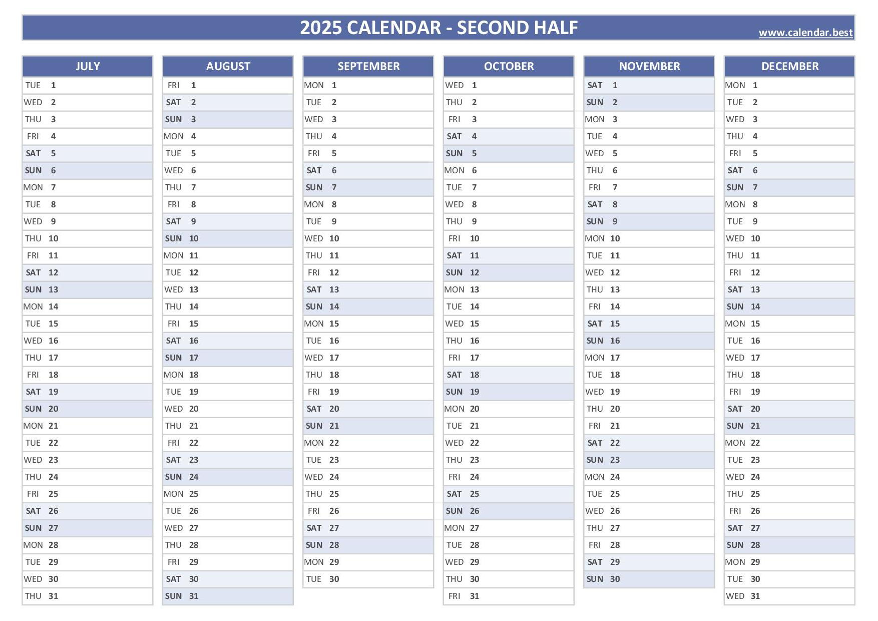 2025 Half Year Calendar To Print intended for Half Page Calendar Printable 2025