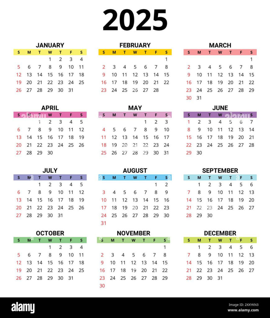 2025 Month Printable Color Calendar. Modern Vector Template In Printable Calendar 2025 Colorful