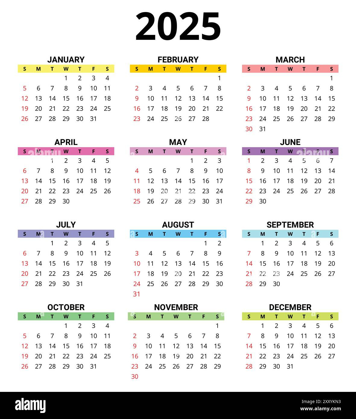 2025 Month Printable Color Calendar. Modern Vector Template in Printable Calendar 2025 Colorful