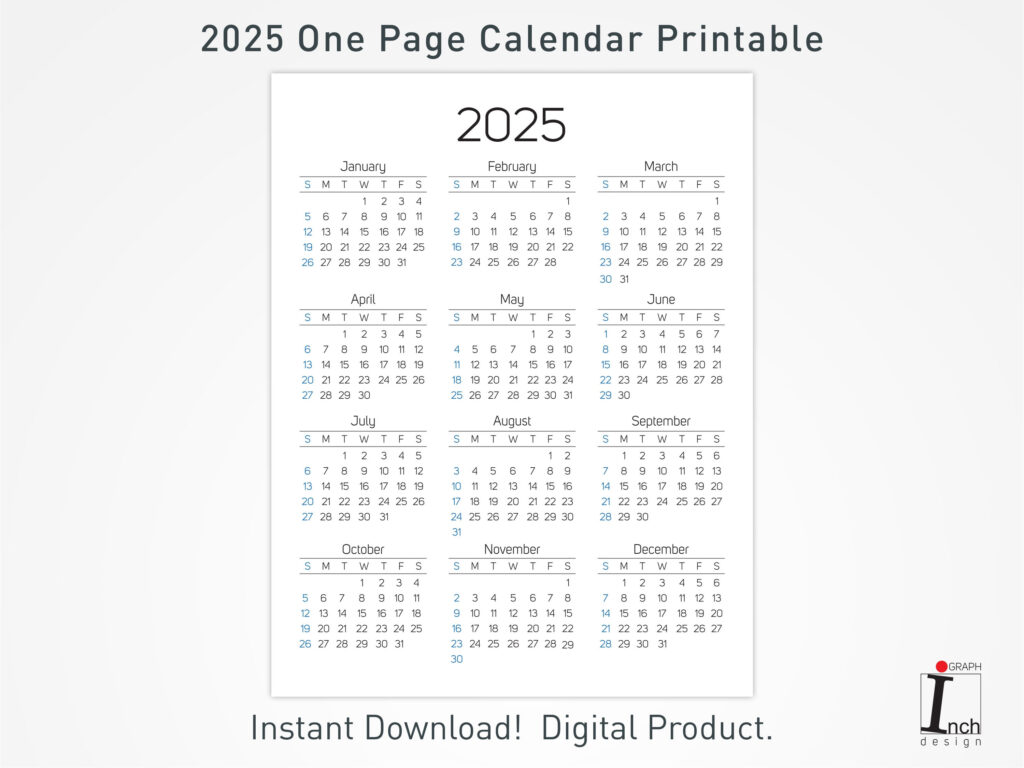 2025 Printable Calendar, 12 Months One Page Calendar, Wall For Printable 2025 One Page Calendar