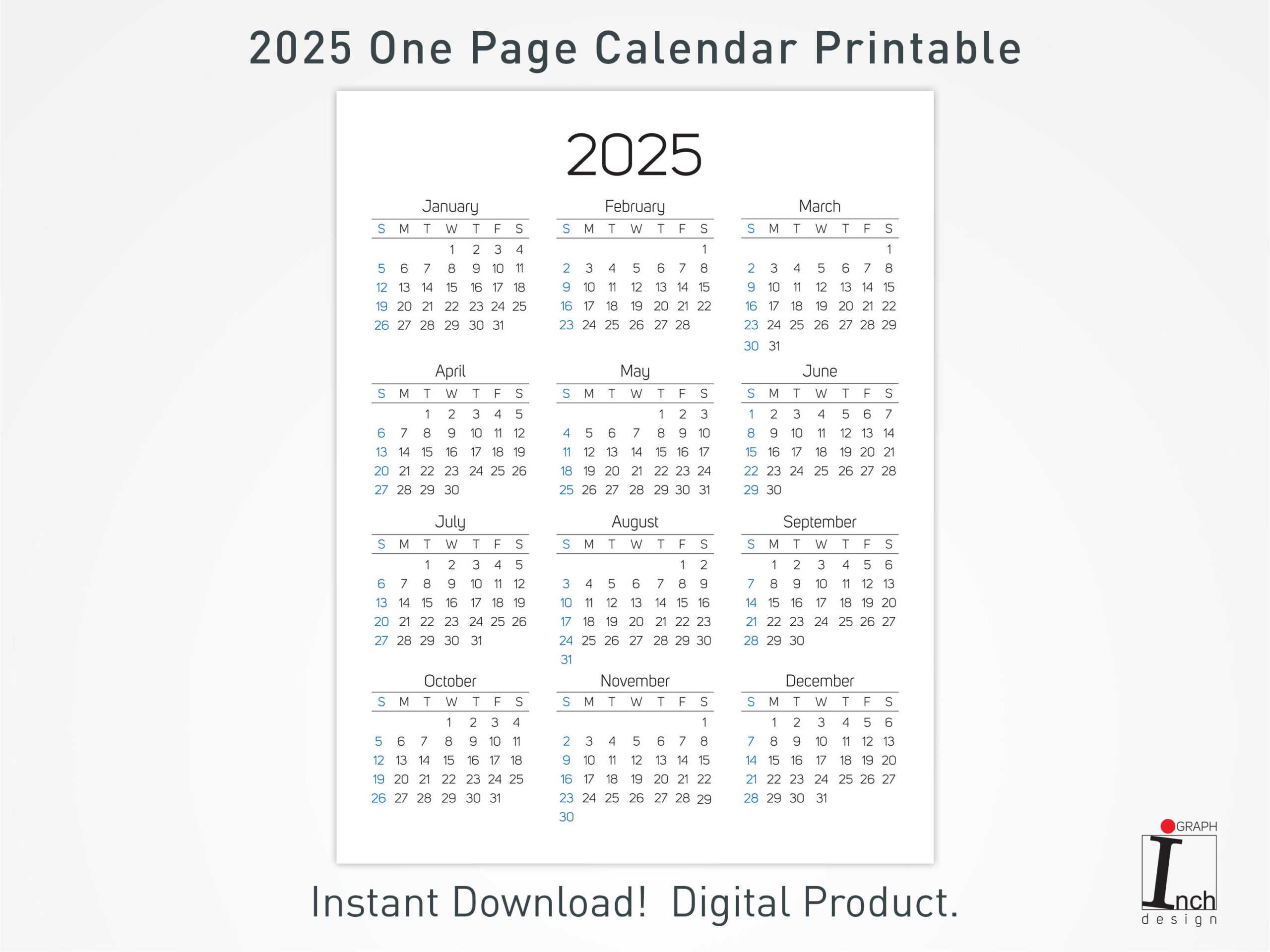 2025 Printable Calendar, 12 Months One Page Calendar, Wall for Printable 2025 One Page Calendar