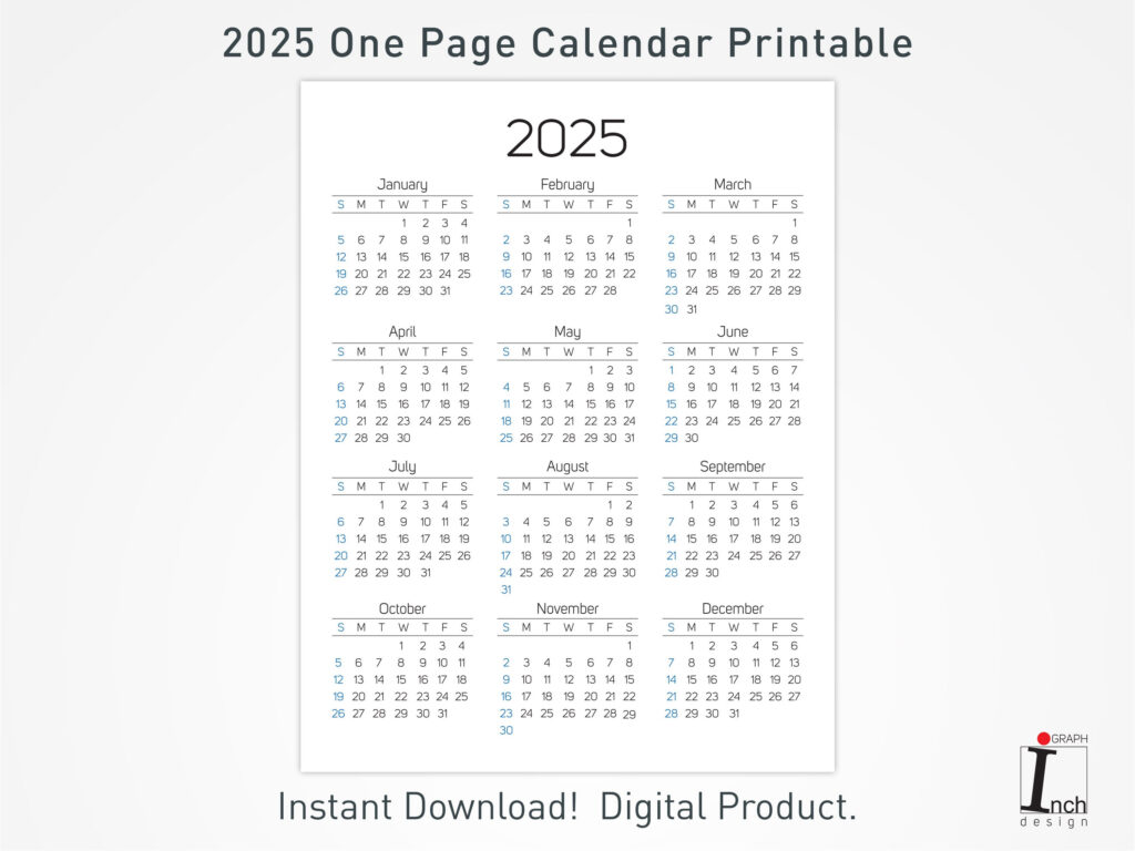 2025 Printable Calendar, 12 Months One Page Calendar, Wall In 2025 Calendar 1 Page Printable