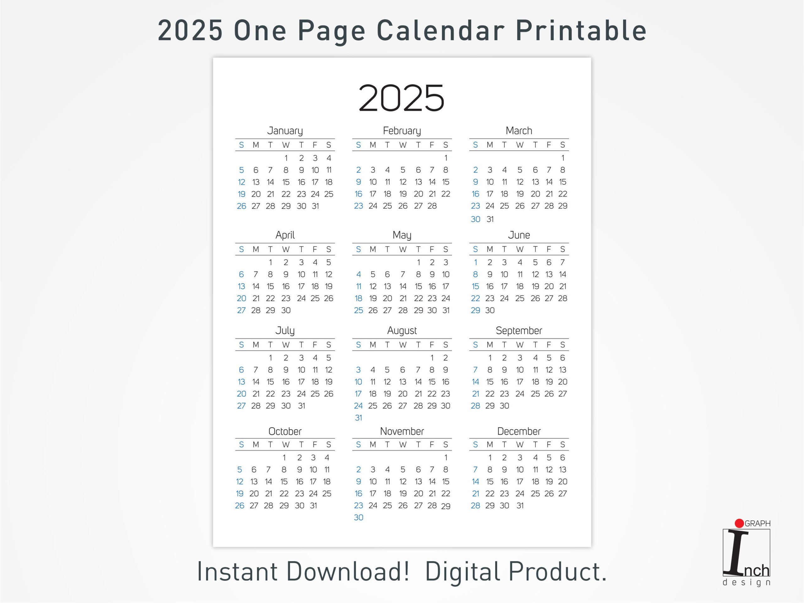 2025 Printable Calendar, 12 Months One Page Calendar, Wall in 2025 Calendar 1 Page Printable