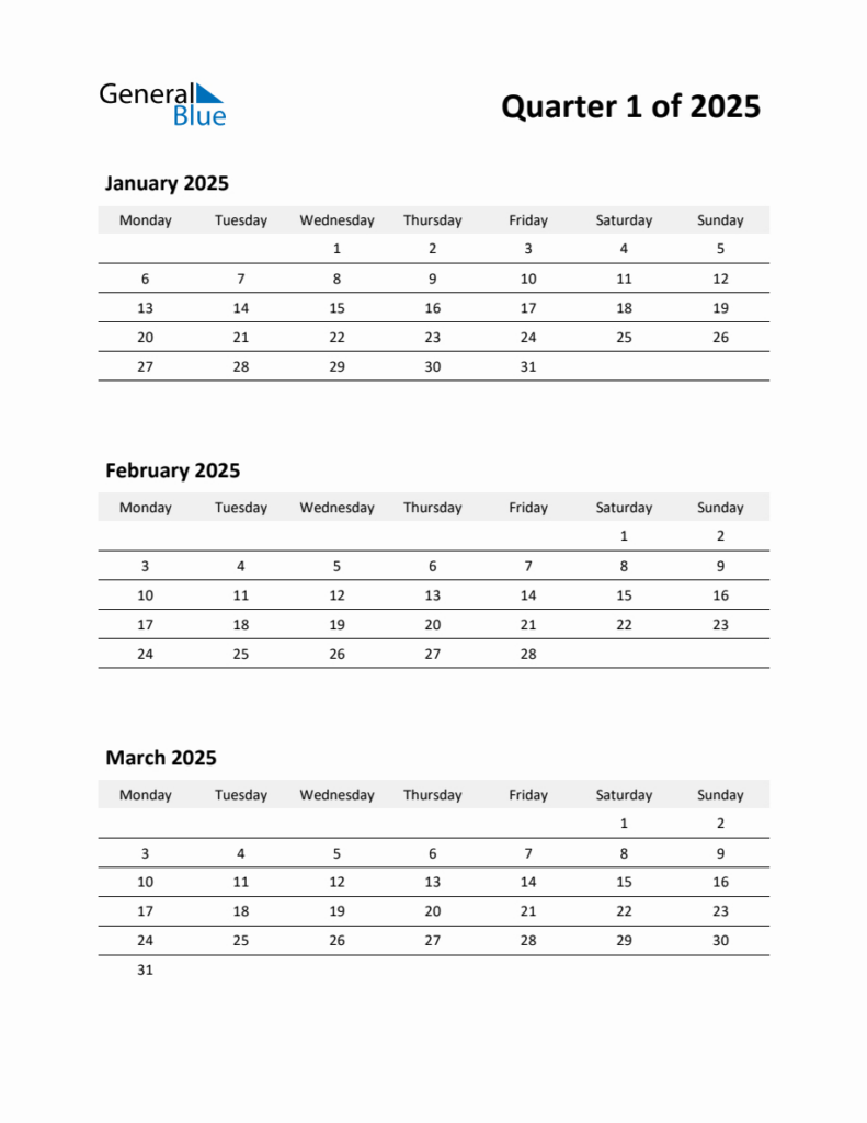 2025 Q1 Three Month Calendar (January, February, And March) Pertaining To Printable Calendar 2025 January February March