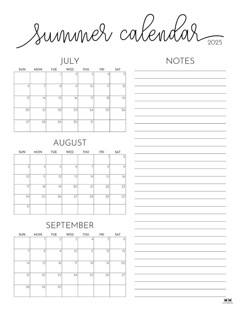 2025 Summer Calendars - 27 Free Printables | Printabulls for Printable Summer Calendar 2025