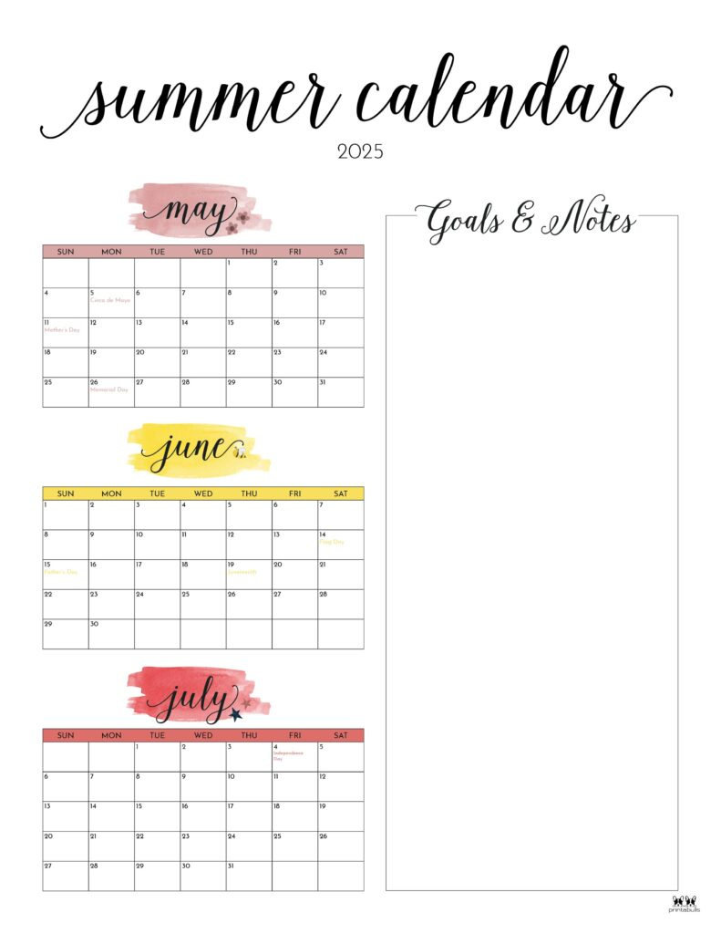 2025 Summer Calendars - 27 Free Printables | Printabulls for Summer Calendar Printable 2025