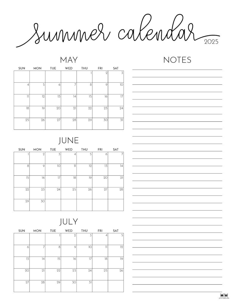 2025 Summer Calendars - 27 Free Printables | Printabulls throughout Free Printable Summer Calendar 2025