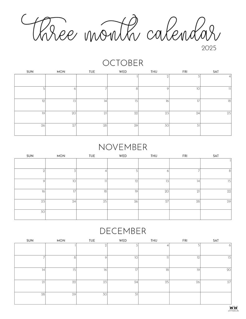 2025 Three Month/Quarterly Calendars - 36 Free Cals | Printabulls for 2025 Calendar Printable 3 Months Per Page