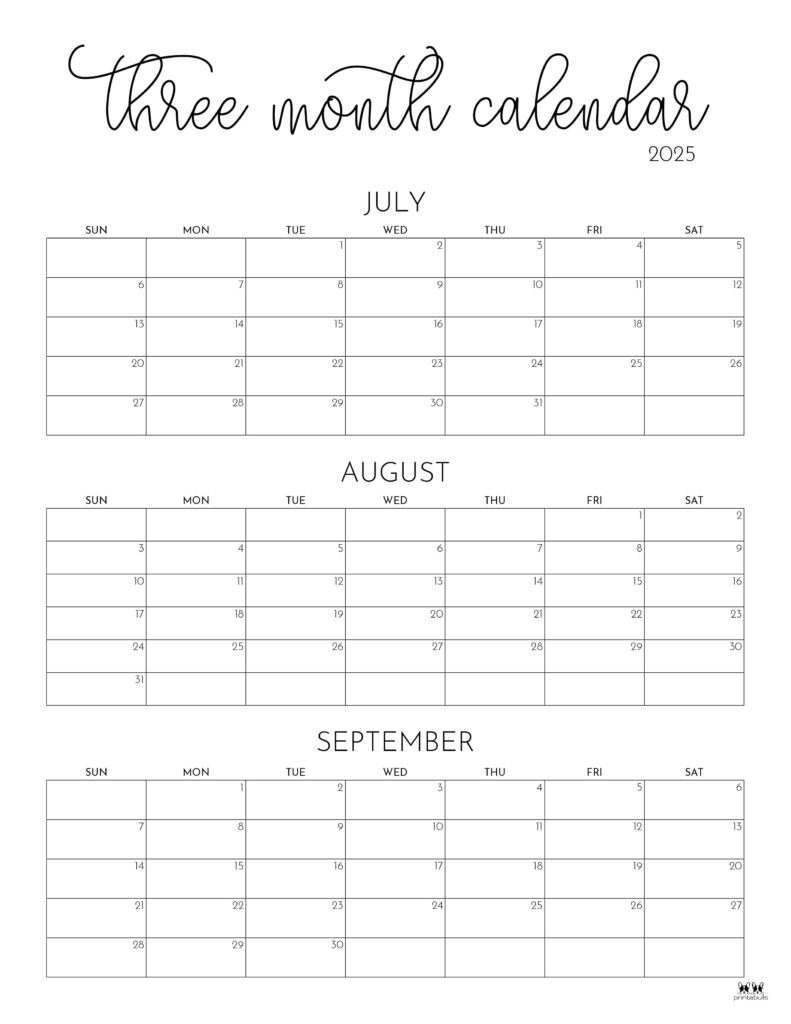 2025 Three Month/Quarterly Calendars - 36 Free Cals | Printabulls for 3 Month Calendar 2025 Printable Free