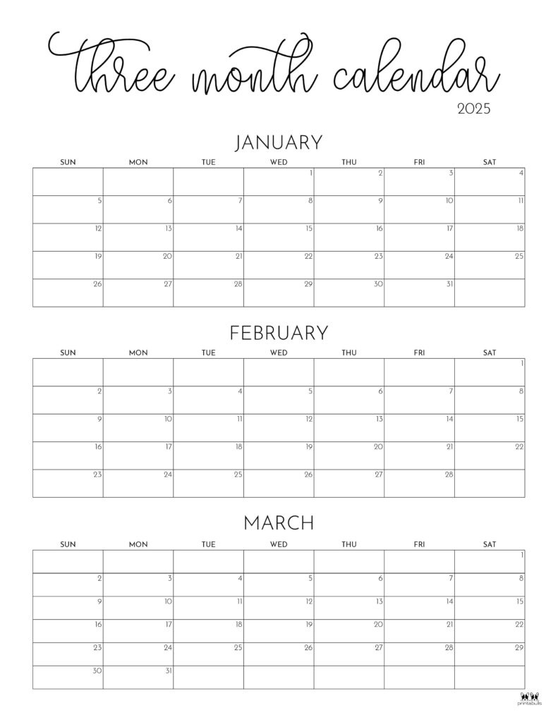 2025 Three Month/Quarterly Calendars - 36 Free Cals | Printabulls throughout Printable Three Month Calendar 2025