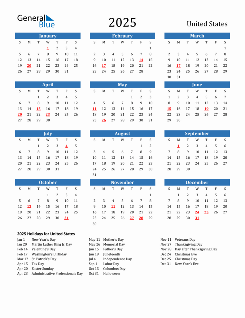 2025 United States Calendar With Holidays For 2025 Us Calendar Printable