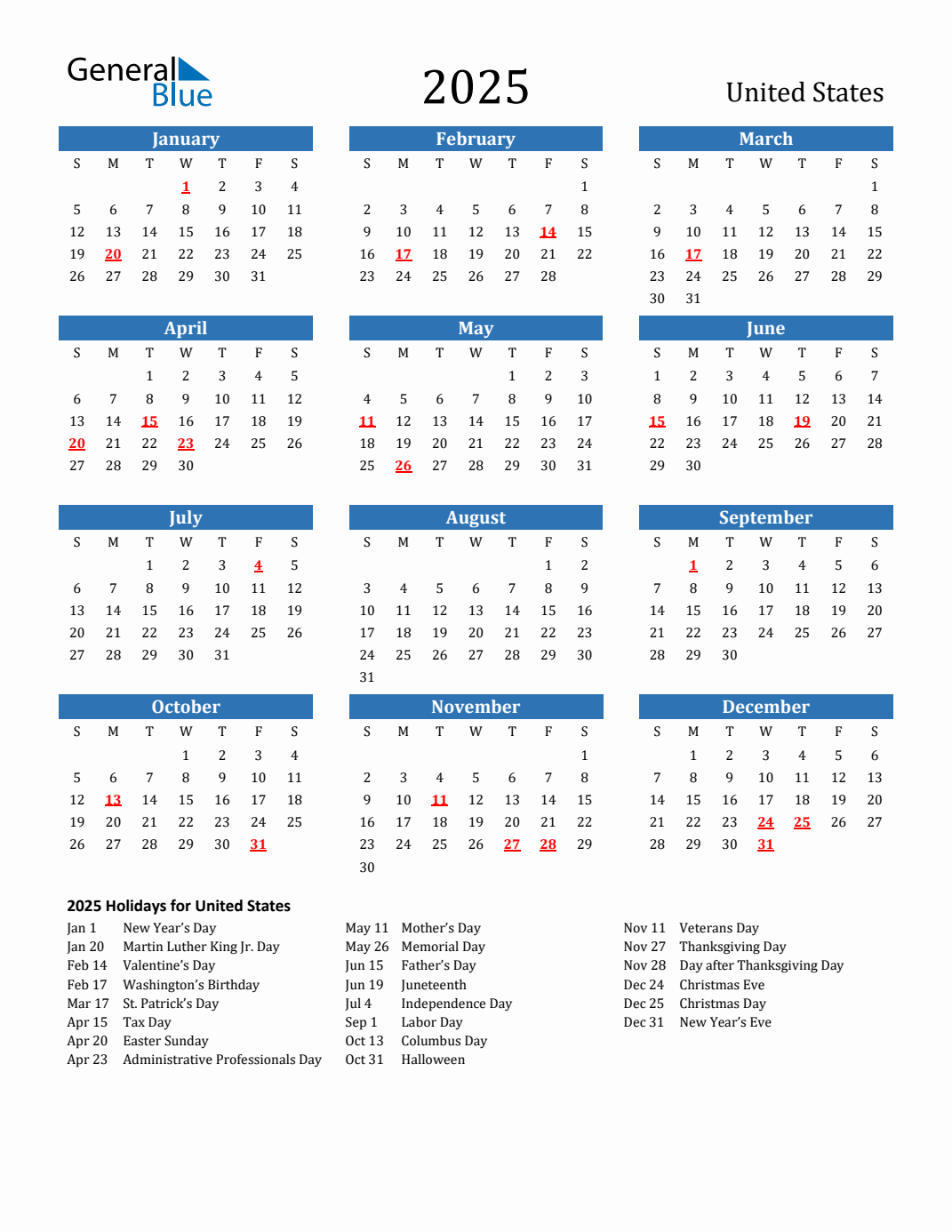 2025 United States Calendar With Holidays for 2025 Us Calendar Printable