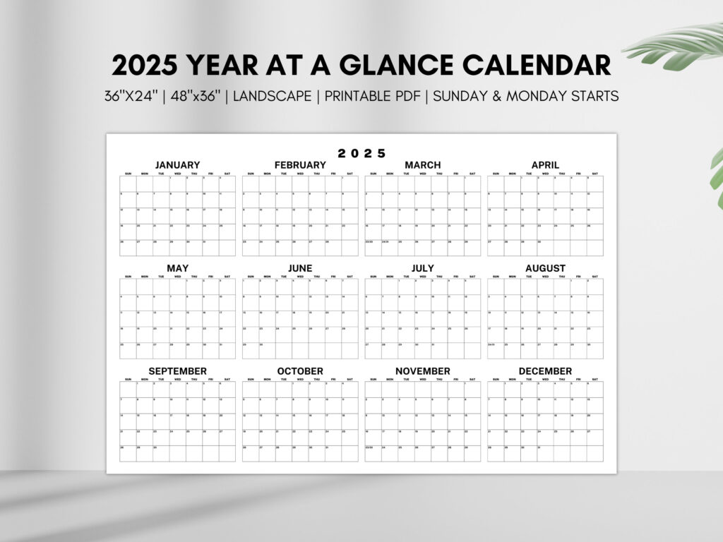 2025 Year At A Glance Calendar, Large Horizontal 2025 Calendar For 2025 At A Glance Calendar Printable