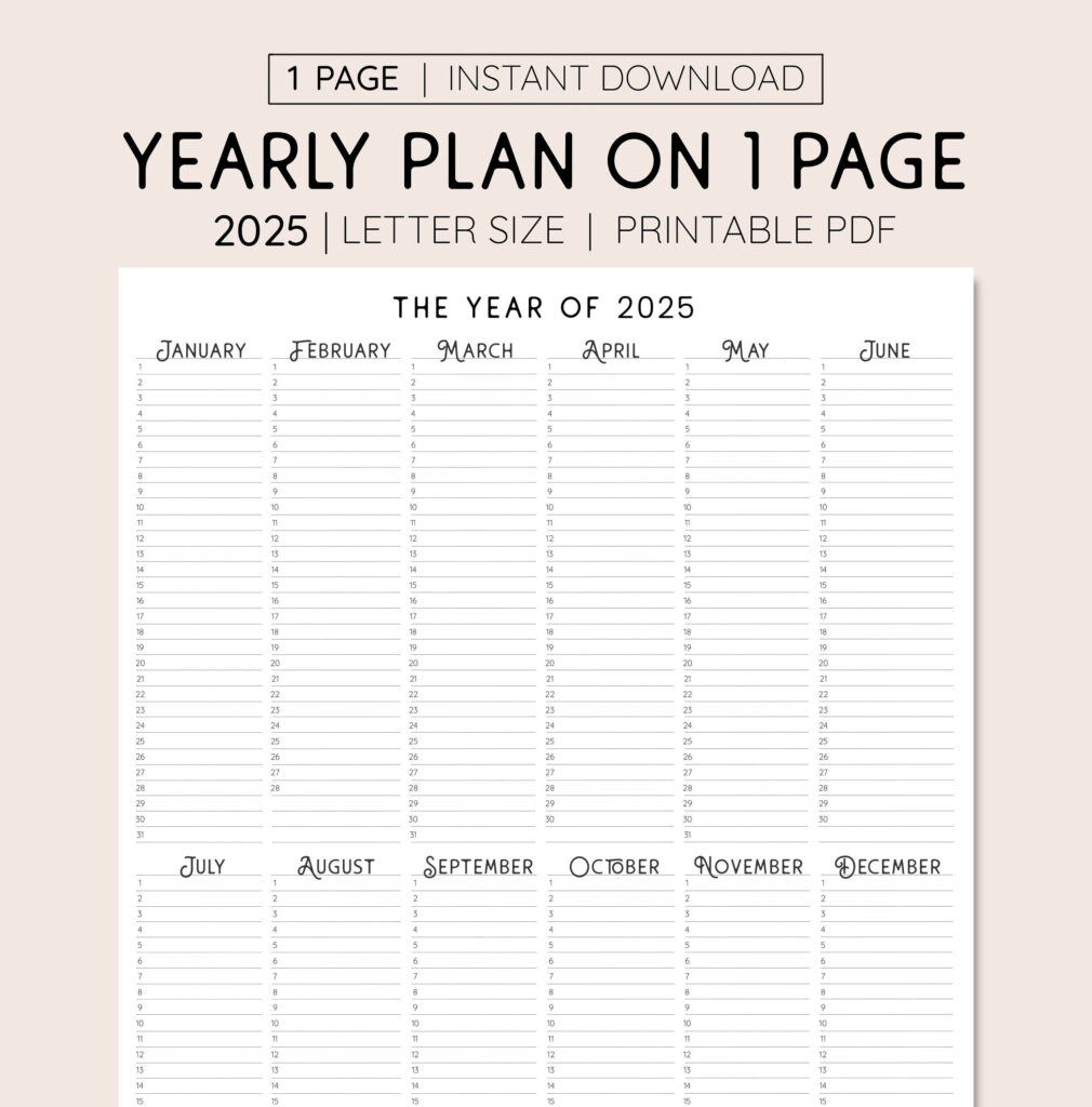 2025 Year At A Glance, Instant Download, Yearly Overview In Printable Calendar Planner 2025