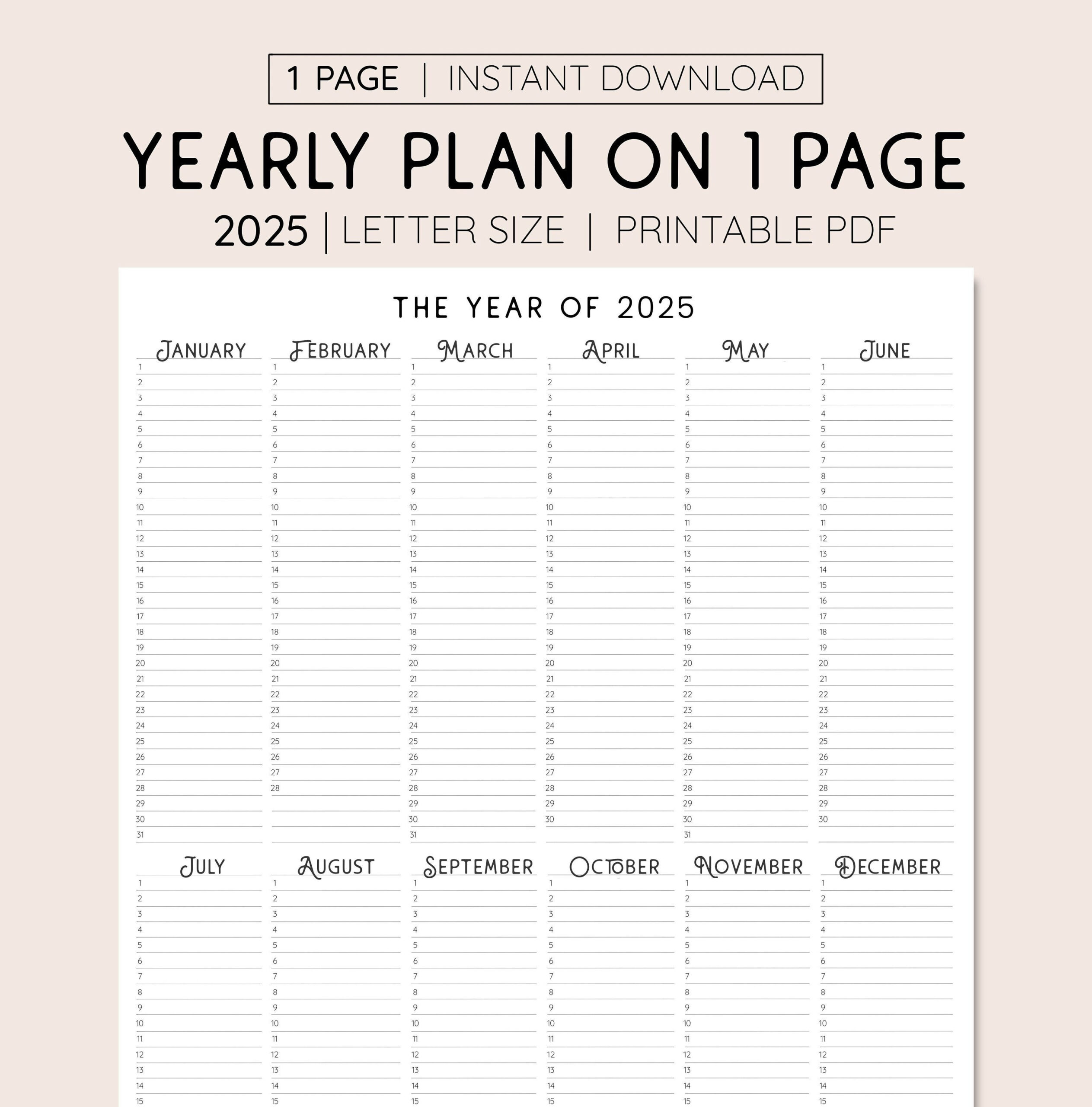 2025 Year At A Glance, Instant Download, Yearly Overview in Printable Calendar Planner 2025