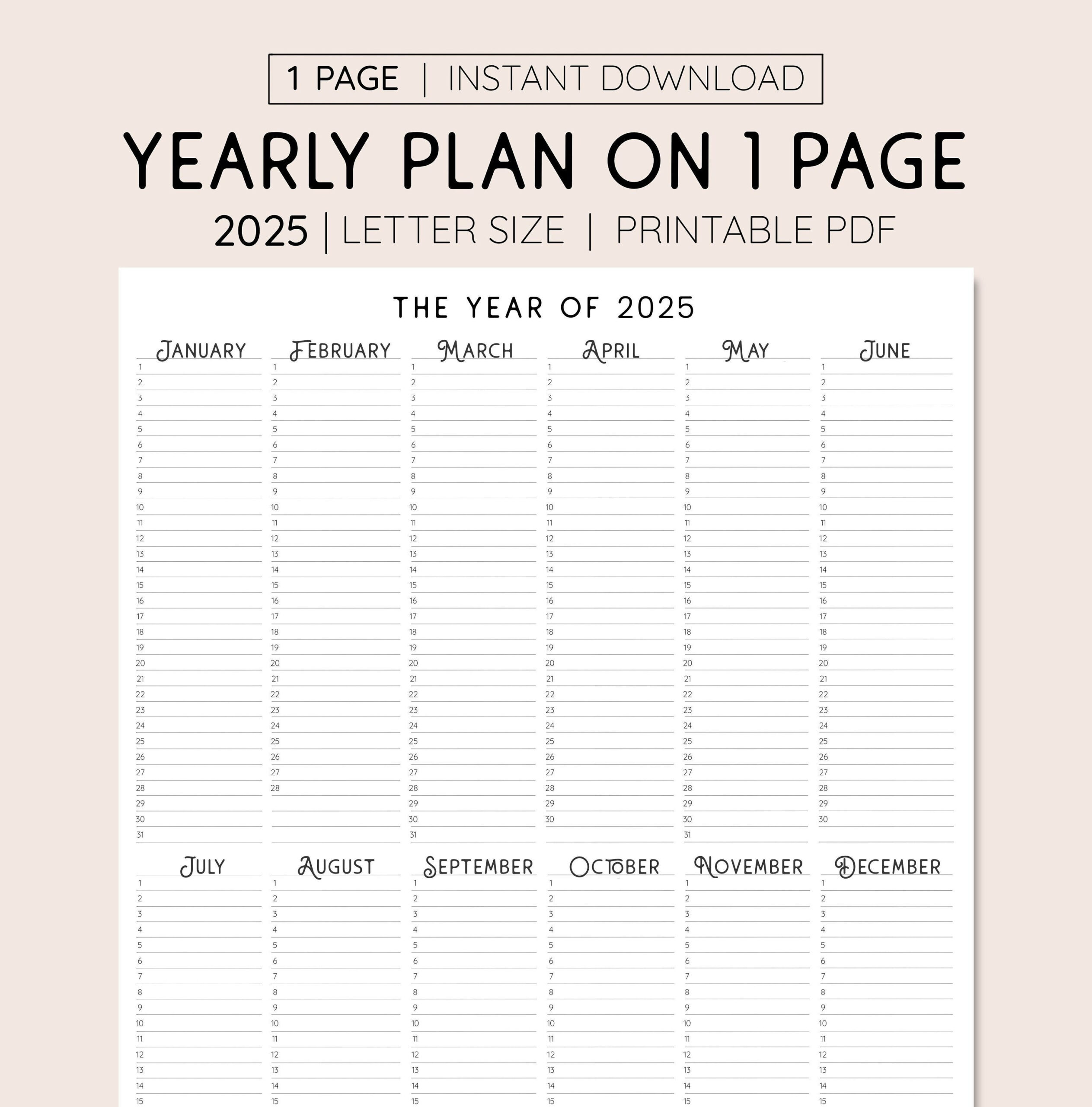 2025 Year At A Glance, Instant Download, Yearly Overview intended for Diy Calendar 2025 Printable