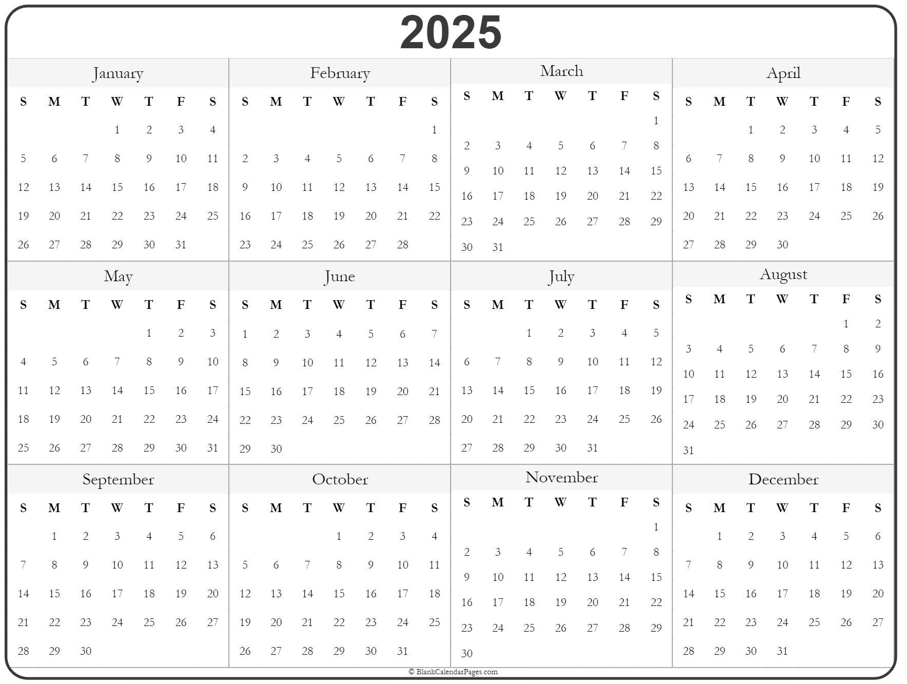 2025 Year Calendar | Yearly Printable for Year Calendar 2025 Printable