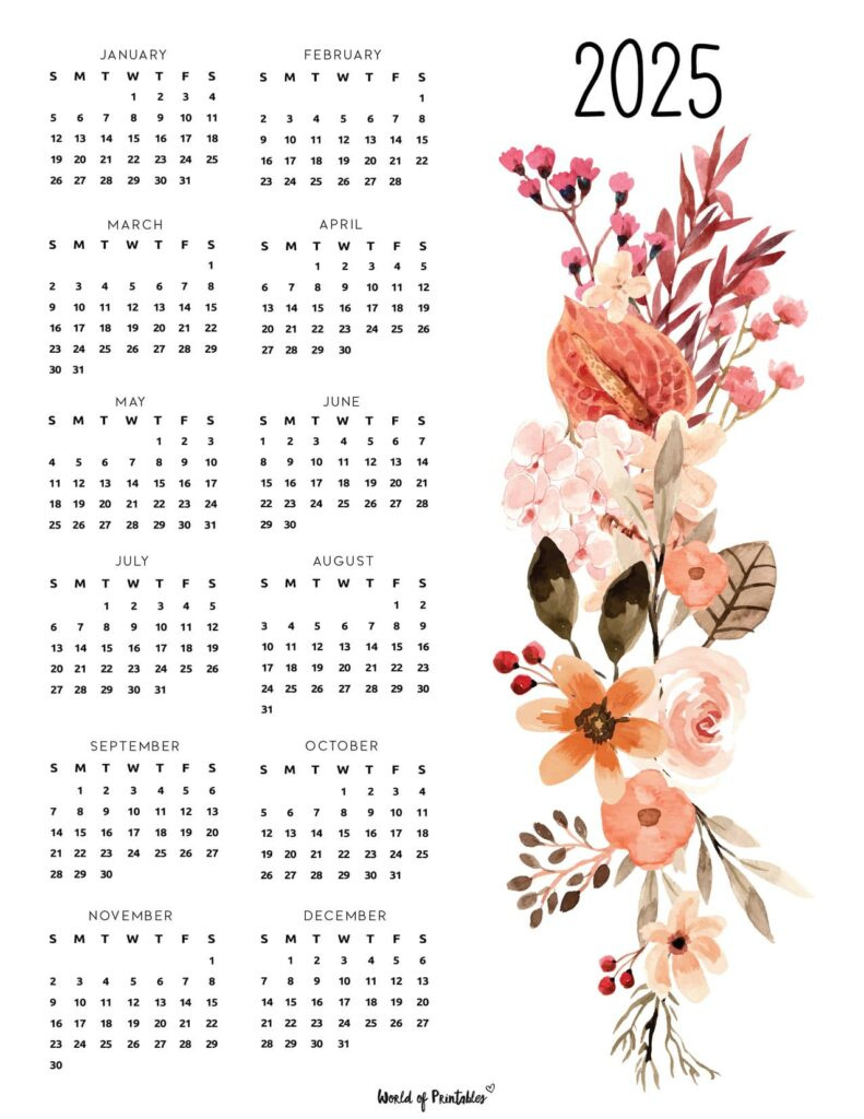 2025 Year Calendars - 70 Best Printables - World Of Printables in Printable Floral Calendar 2025