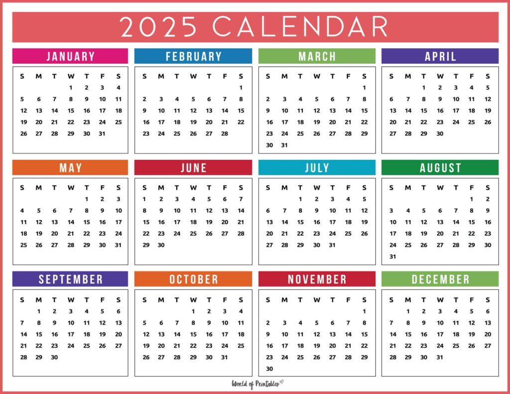 2025 Year Calendars - 70 Best Printables - World Of Printables inside Color Calendar 2025 Printable