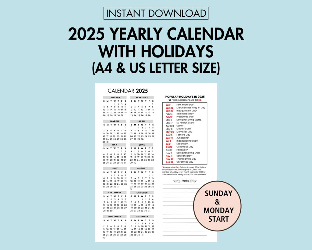 2025 Yearly Calendar With Holidays 2025 Yearly Overview Printable Regarding 2025 Calendar With Religious Holidays Printable