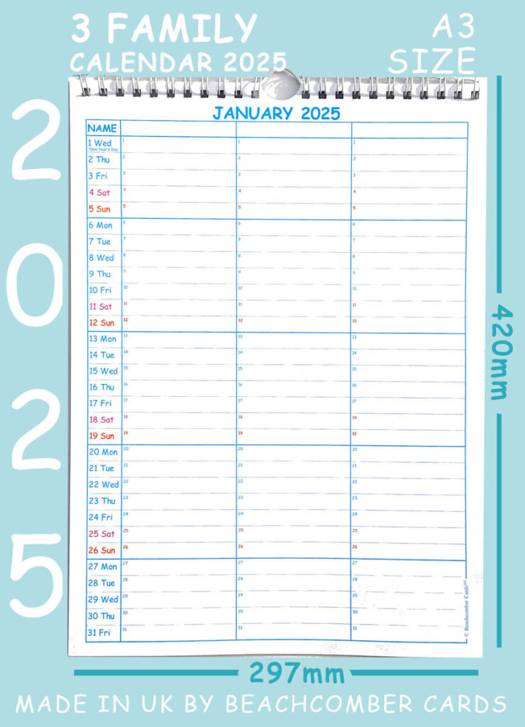 3 Family Calendar 2025   A3 Size, Made In Uk | Ebay Within Printable Family Calendar 2025