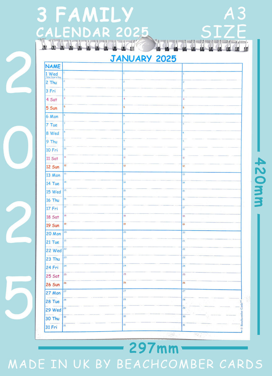 3 Family Calendar 2025 - A3 Size, Made In Uk | Ebay within Printable Family Calendar 2025