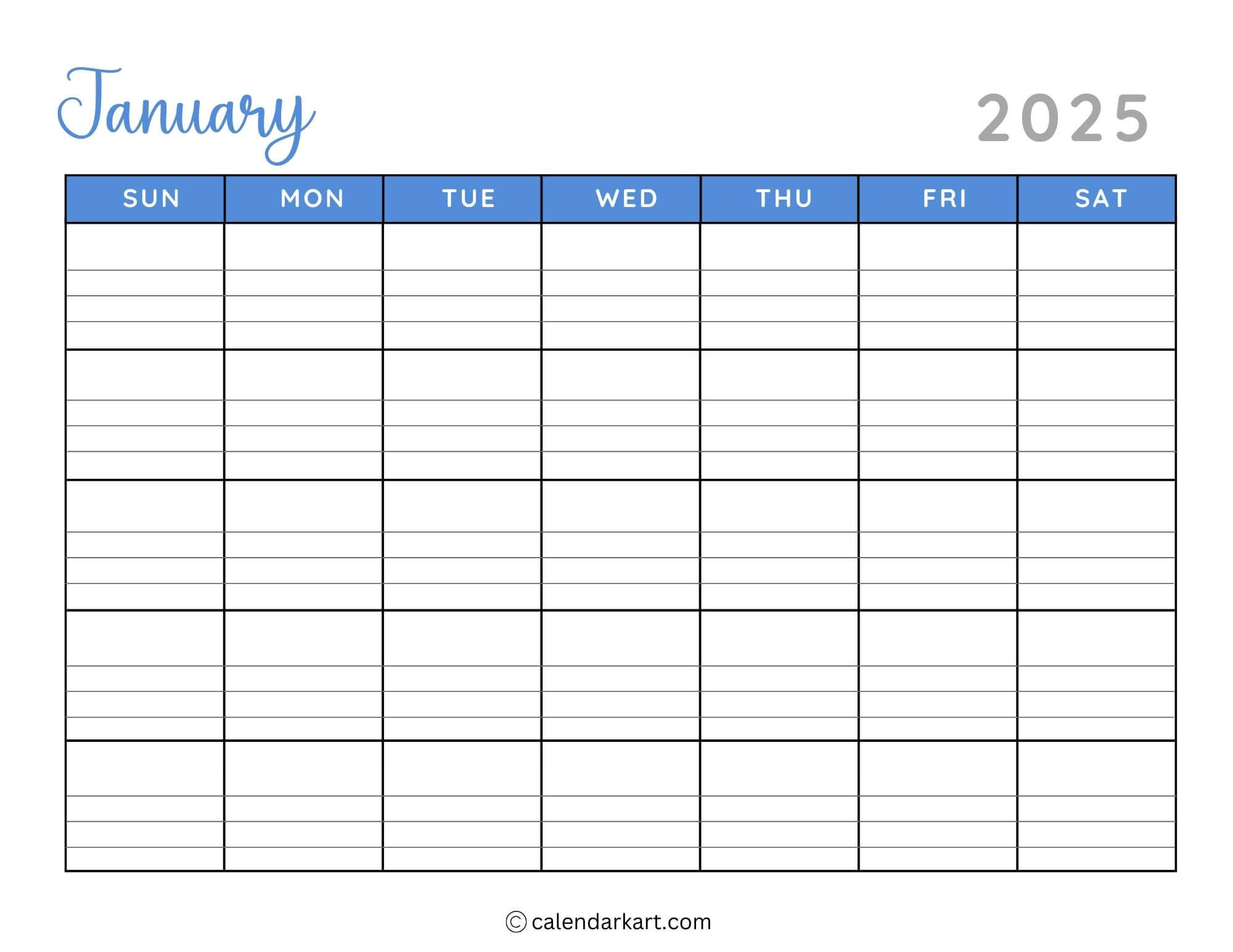 40+ Printable January 2025 Calendars | Free Pdf - Calendarkart for Printable 2025 Calendar with Lines