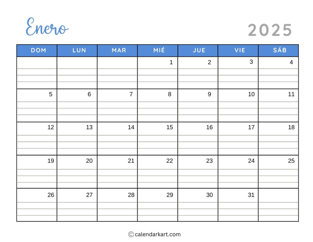 40+ Printable January 2025 Calendars | Free Pdf   Calendarkart Intended For 2025 Calendar With Lines Printable