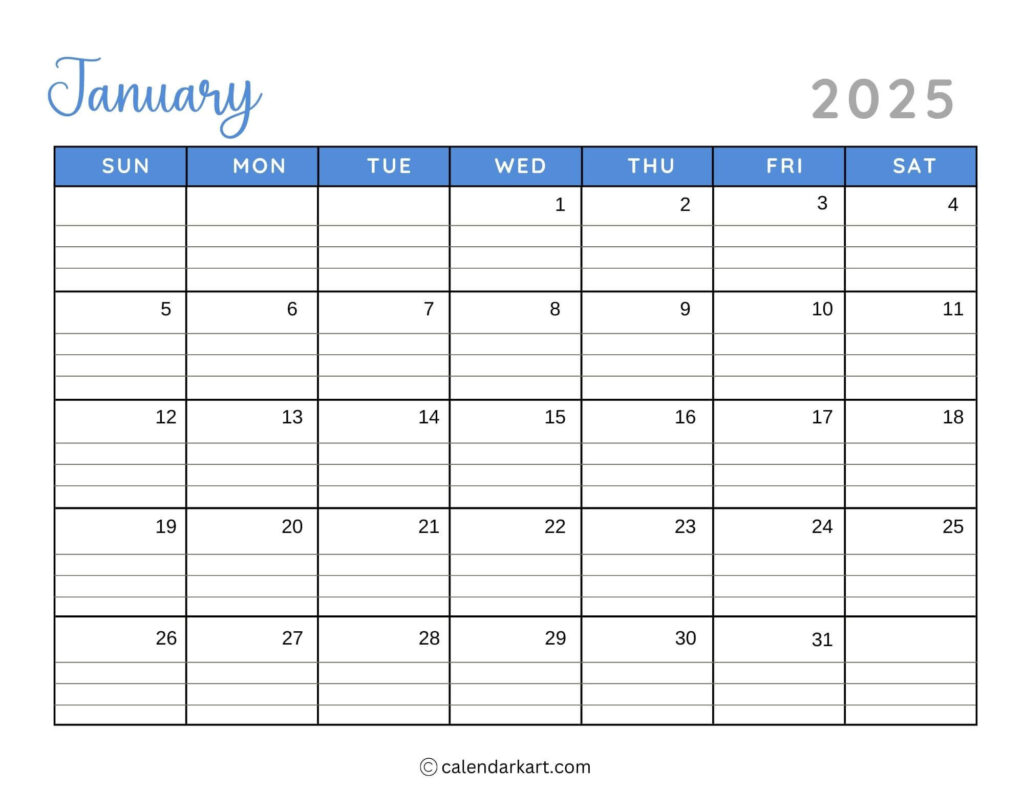 40+ Printable January 2025 Calendars | Free Pdf   Calendarkart Intended For Printable Calendar 2025 With Lines