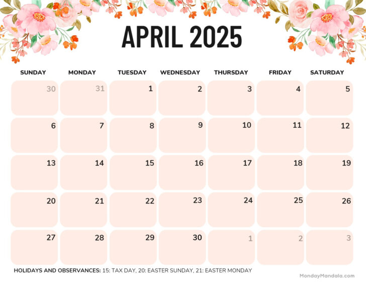 Printable Monthly Calendar April 2025