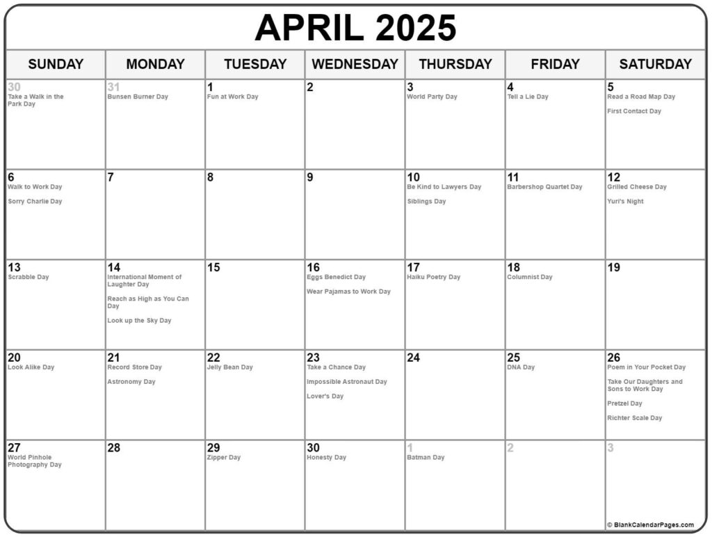 April 2025 With Holidays Calendar Inside 2025 Fun Holiday Calendar Printable