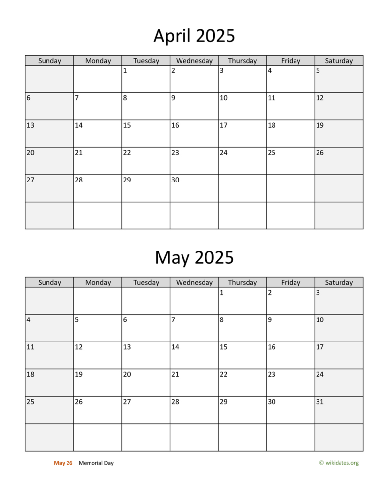 April And May 2025 Calendar | Wikidates Inside April May June 2025 Calendar Printable