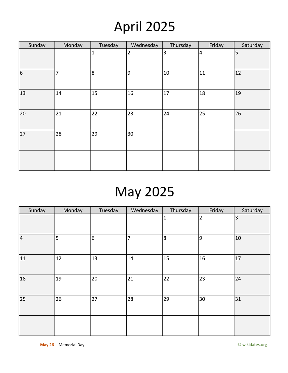 April And May 2025 Calendar | Wikidates inside April May June 2025 Calendar Printable