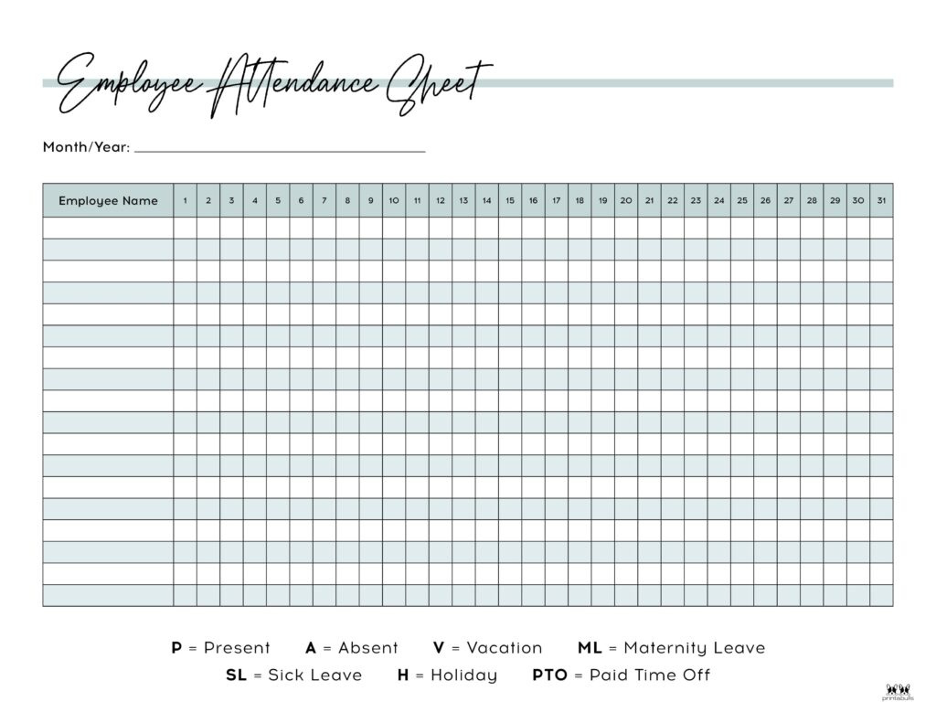 Attendance Sheets - 52 Free Printables | Printabulls for 2025 Employee Attendance Calendar Printable Free Download