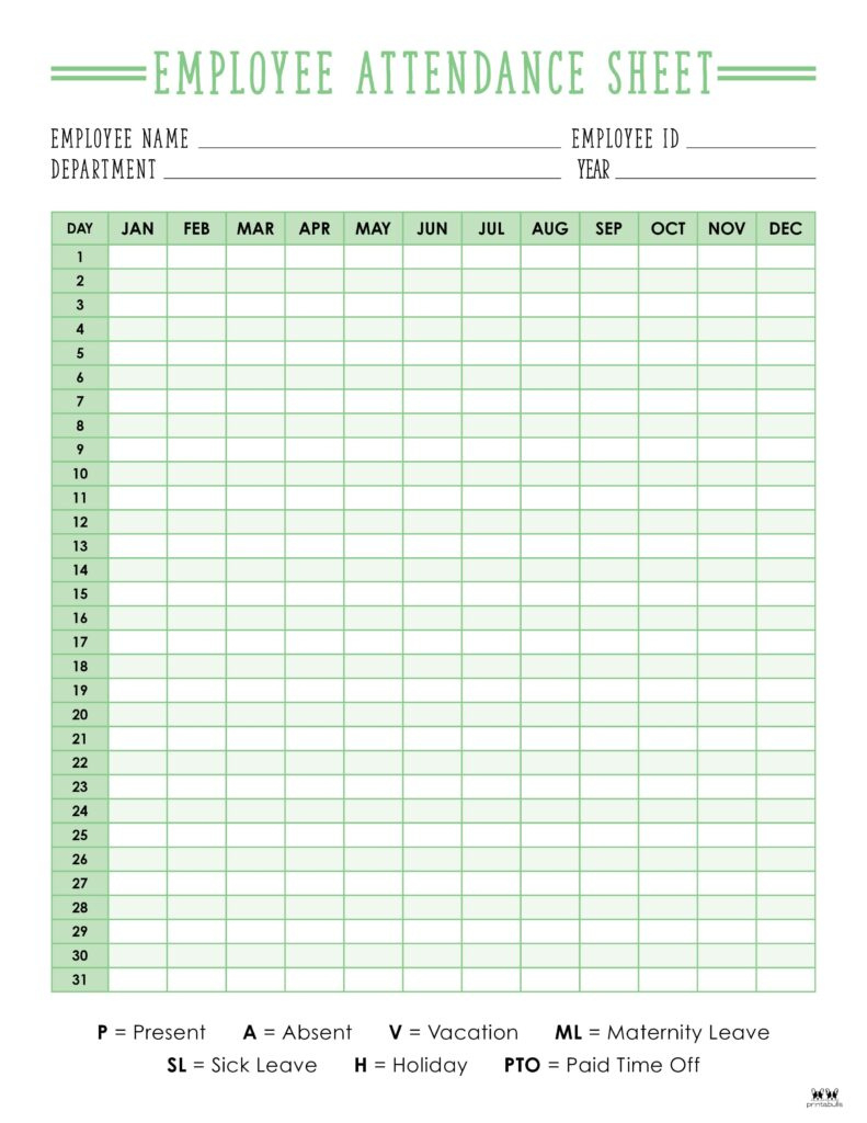 Attendance Sheets - 52 Free Printables | Printabulls regarding 2025 Employee Attendance Calendar Printable Free