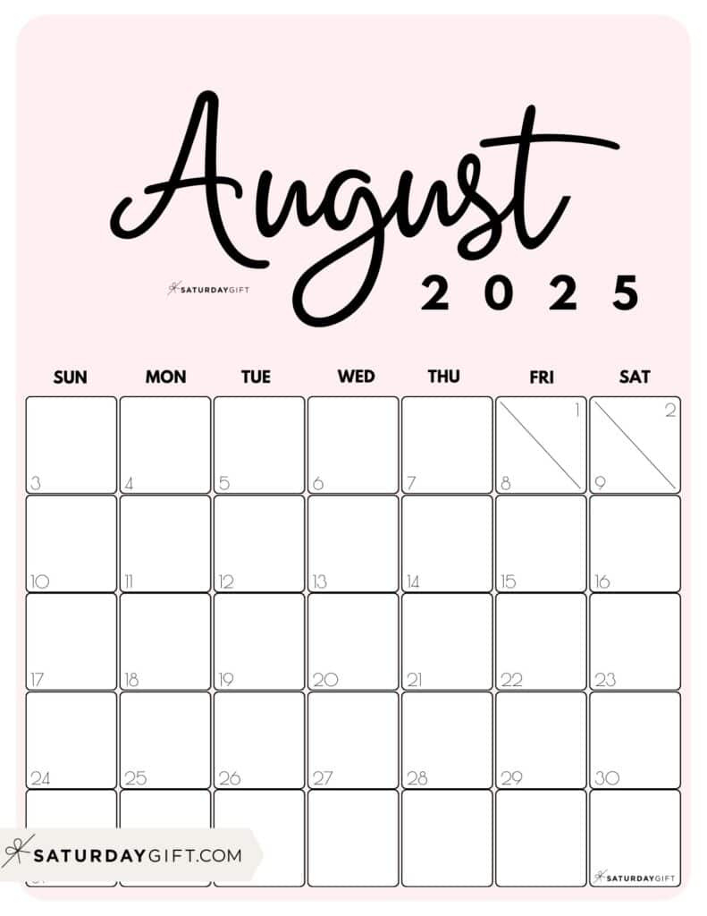 August 2025 Calendar - 20 Cute &amp;amp; Free Printables | Saturdaygift within August 2025 Calendar Printable Vertical