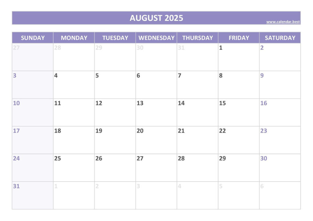 August 2025 Calendar  Calendar.best Intended For August Printable Calendar 2025 Free