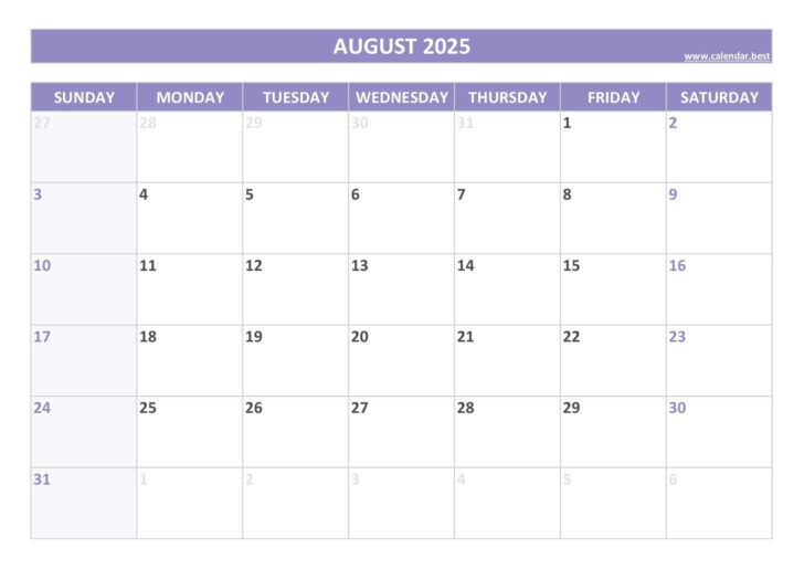 August Printable Calendar 2025 Free