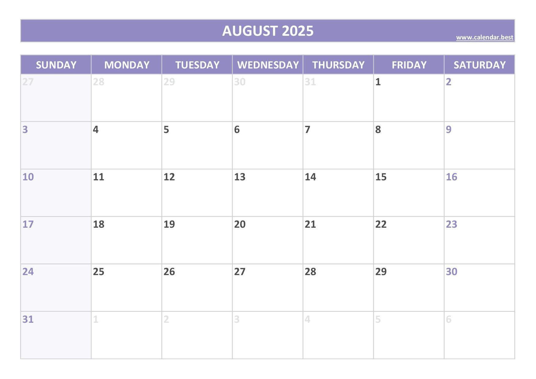 August 2025 Calendar -Calendar.best intended for August Printable Calendar 2025 Free