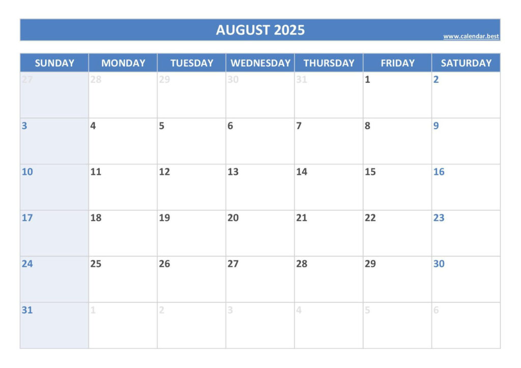 August 2025 Calendar  Calendar.best Throughout Blank August Calendar 2025 Printable