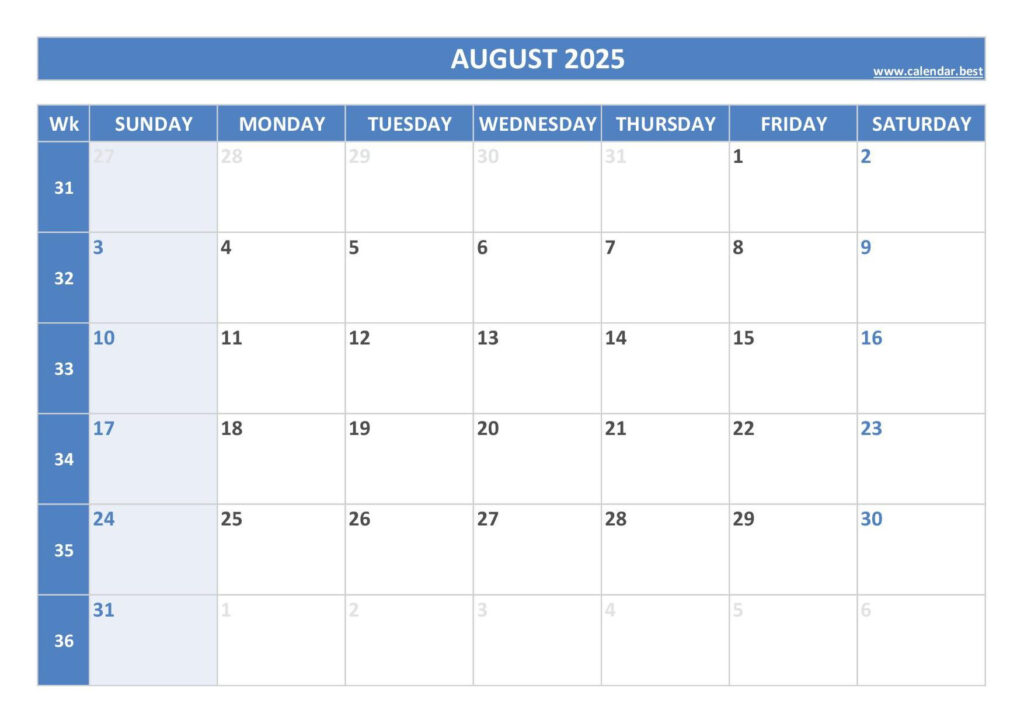 August 2025 Calendar  Calendar.best Within Printable Weekly Calendar August 2025