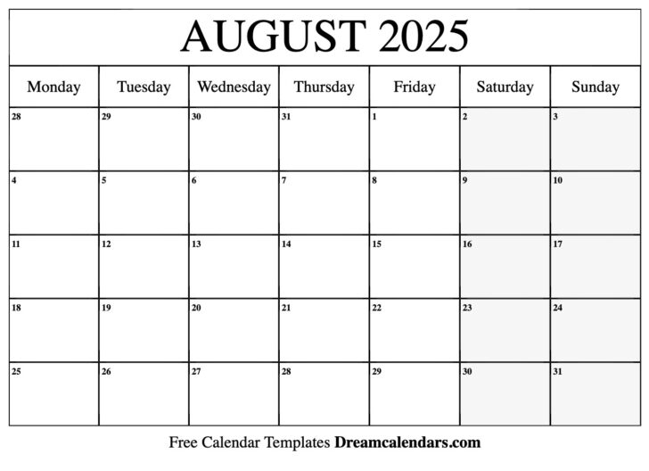 Free Printable August Calendar 2025