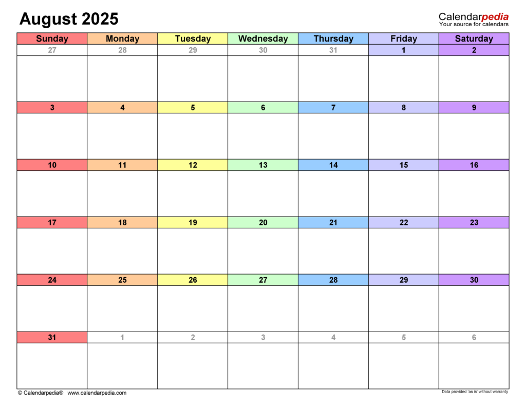 August 2025 Calendar | Templates For Word, Excel And Pdf Intended For Printable Calendar August 2025 May 2025