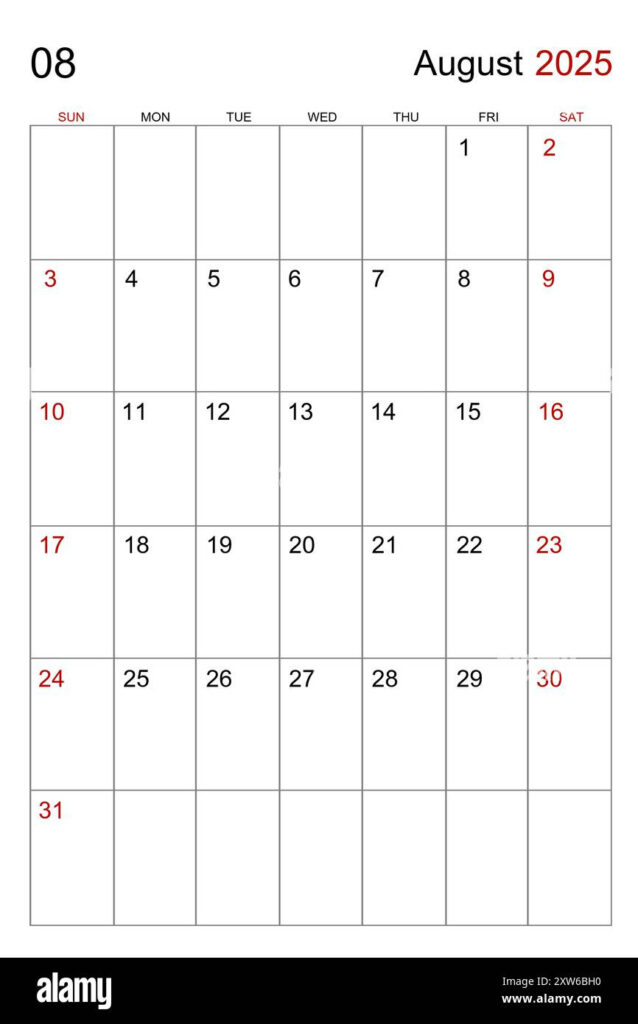 August 2025 Calendar Vertical Template On White Background Stock For August 2025 Calendar Printable Vertical