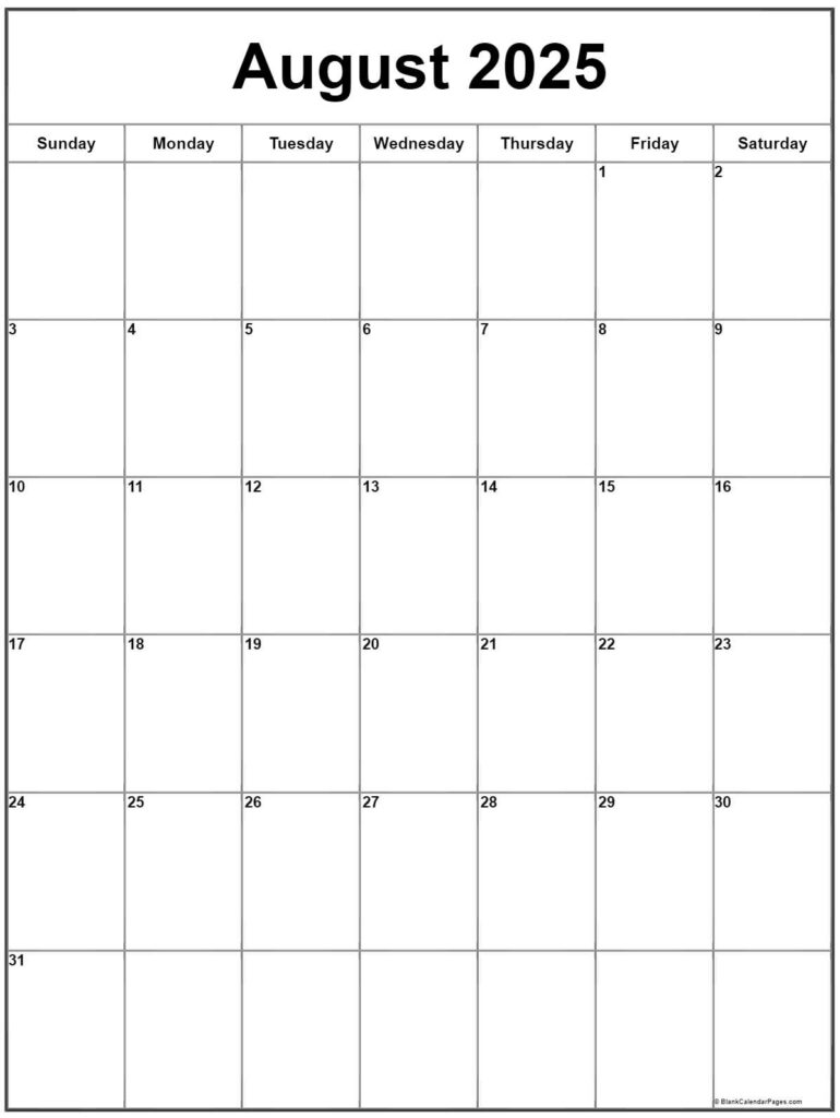 August 2025 Vertical Calendar | Portrait For August 2025 Calendar Printable Vertical